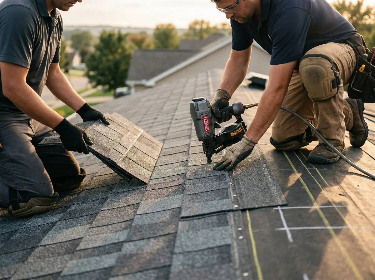Professional roofer working on a residential roof in Hoffman Estates